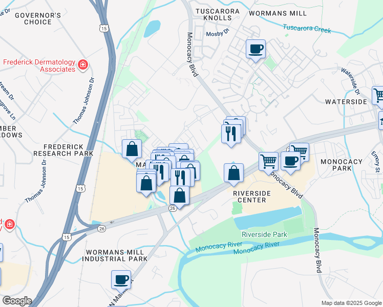 map of restaurants, bars, coffee shops, grocery stores, and more near 2558 Hopton Lane in Frederick