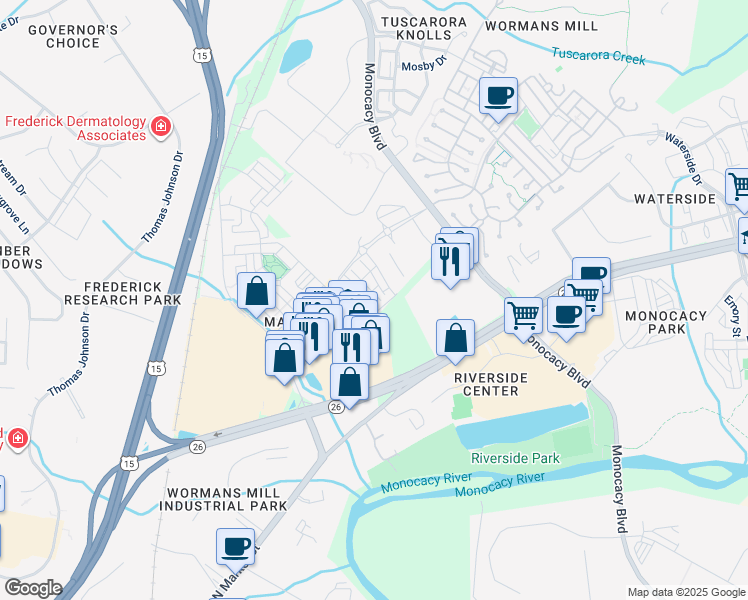 map of restaurants, bars, coffee shops, grocery stores, and more near 2558 Hopton Lane in Frederick