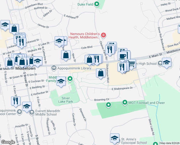 map of restaurants, bars, coffee shops, grocery stores, and more near 39 North Cummings Drive in Middletown