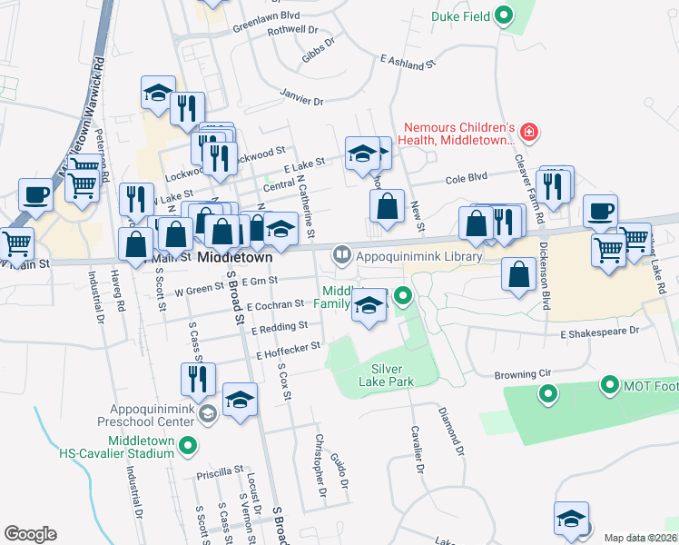 map of restaurants, bars, coffee shops, grocery stores, and more near 9 South Catherine Street in Middletown