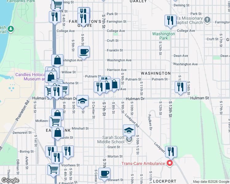 map of restaurants, bars, coffee shops, grocery stores, and more near 1632 South 8th Street in Terre Haute