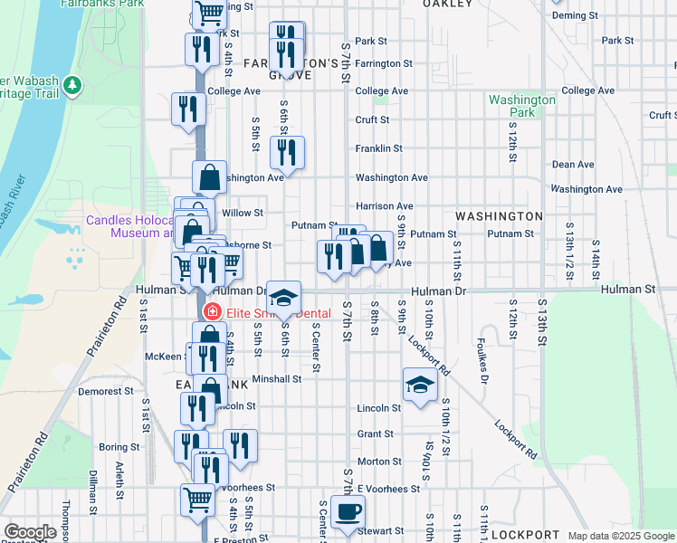 map of restaurants, bars, coffee shops, grocery stores, and more near 1624 South Center Street in Terre Haute