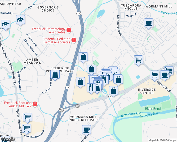 map of restaurants, bars, coffee shops, grocery stores, and more near 7841 Wormans Mill Road in Frederick
