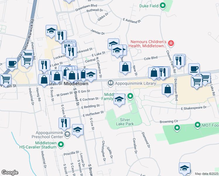 map of restaurants, bars, coffee shops, grocery stores, and more near 204 East Main Street in Middletown