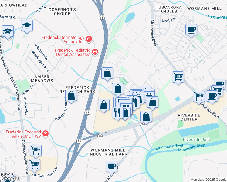 map of restaurants, bars, coffee shops, grocery stores, and more near 7845 Wormans Mill Road in Frederick
