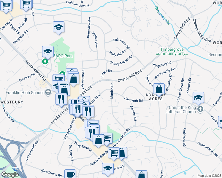 map of restaurants, bars, coffee shops, grocery stores, and more near 100 Mardan Drive in Reisterstown