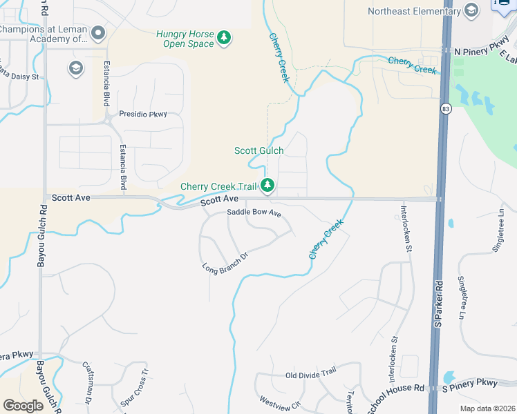 map of restaurants, bars, coffee shops, grocery stores, and more near 6210 Saddle Bow Avenue in Parker