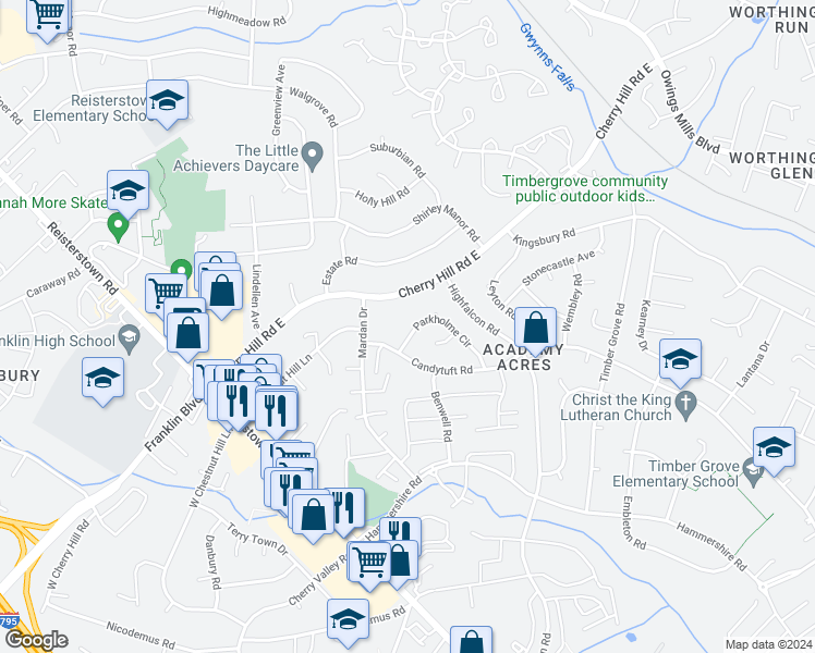 map of restaurants, bars, coffee shops, grocery stores, and more near 208 Parkholme Circle in Reisterstown