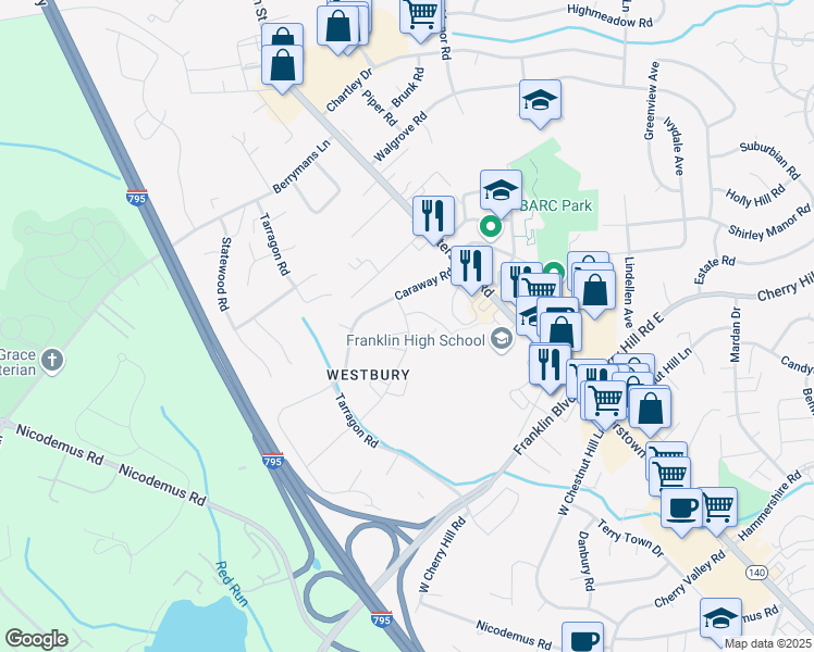 map of restaurants, bars, coffee shops, grocery stores, and more near 12 Brookebury Drive in Reisterstown
