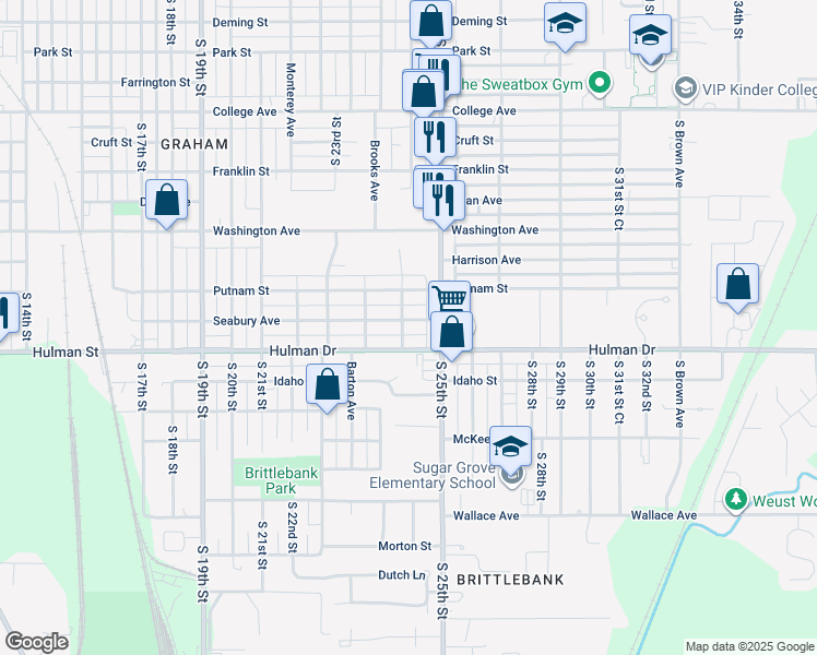 map of restaurants, bars, coffee shops, grocery stores, and more near 2440 Hulman Street in Terre Haute