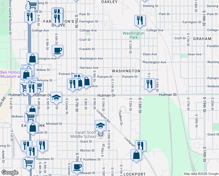 map of restaurants, bars, coffee shops, grocery stores, and more near 1629 South 11th Street in Terre Haute