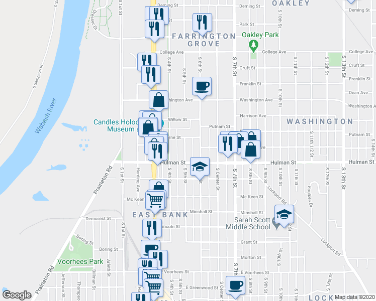 map of restaurants, bars, coffee shops, grocery stores, and more near 504 Hulman Street in Terre Haute