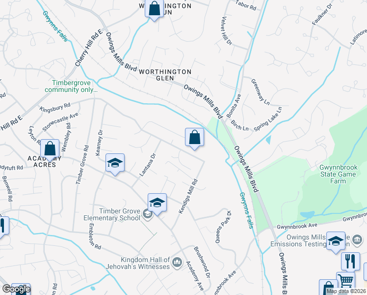 map of restaurants, bars, coffee shops, grocery stores, and more near 1319 Kingsbury Road in Owings Mills