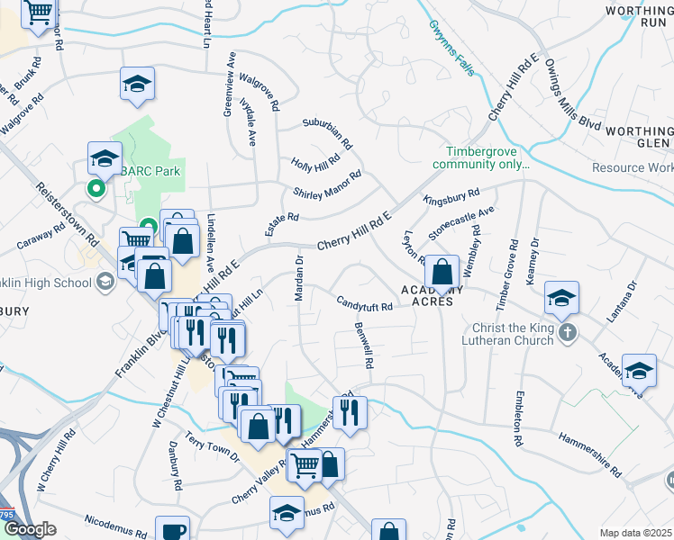 map of restaurants, bars, coffee shops, grocery stores, and more near 208 Parkholme Circle in Reisterstown