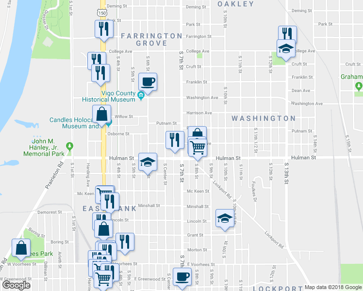 map of restaurants, bars, coffee shops, grocery stores, and more near 1612 S 7th St in Terre Haute