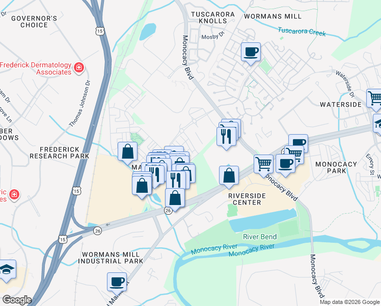 map of restaurants, bars, coffee shops, grocery stores, and more near 2509 Gatwick Lane in Frederick