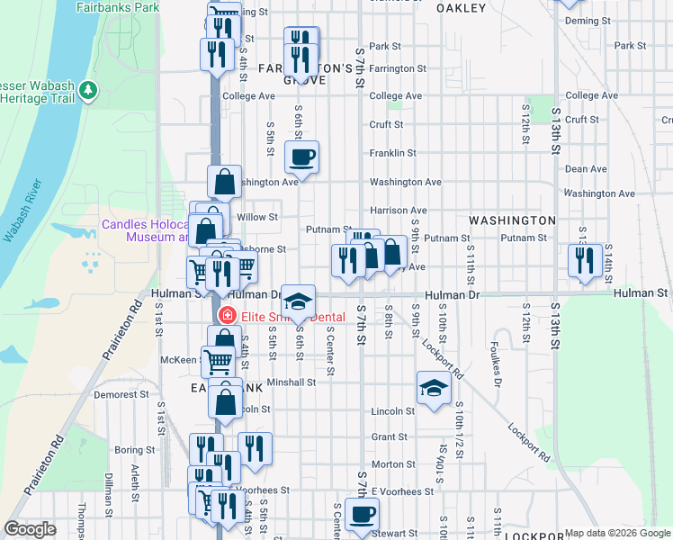 map of restaurants, bars, coffee shops, grocery stores, and more near 1624 South Center Street in Terre Haute
