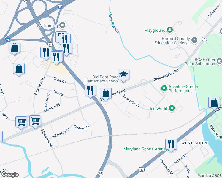 map of restaurants, bars, coffee shops, grocery stores, and more near 1402 Clearview Road in Edgewood