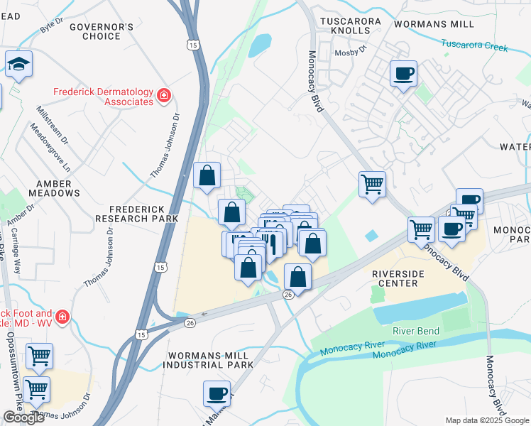 map of restaurants, bars, coffee shops, grocery stores, and more near 300 Cormorant Place in Frederick