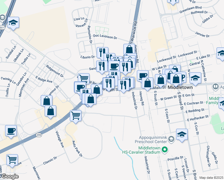 map of restaurants, bars, coffee shops, grocery stores, and more near 501 West Main Street in Middletown