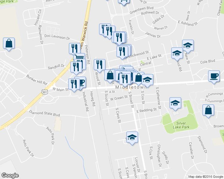 map of restaurants, bars, coffee shops, grocery stores, and more near 104 W Main St in Middletown