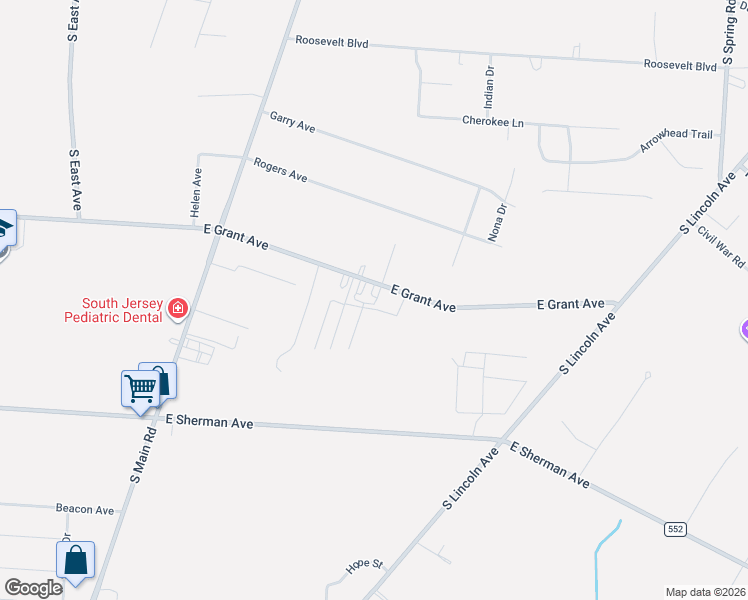 map of restaurants, bars, coffee shops, grocery stores, and more near 1213 East Grant Avenue in Vineland