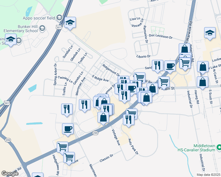 map of restaurants, bars, coffee shops, grocery stores, and more near 161 South Ridge Avenue in Middletown