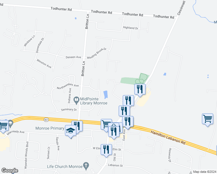 map of restaurants, bars, coffee shops, grocery stores, and more near 265 Overbrook Ct in Monroe