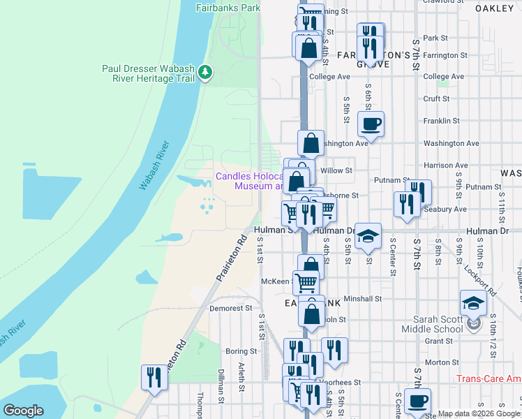 map of restaurants, bars, coffee shops, grocery stores, and more near 1401-1599 Penn Central Railroad Street in Terre Haute