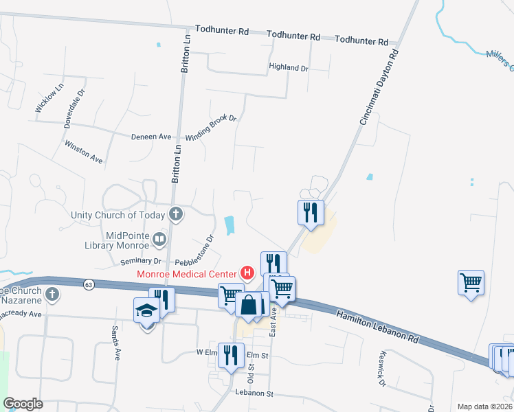 map of restaurants, bars, coffee shops, grocery stores, and more near 207 Overbrook Court in Monroe