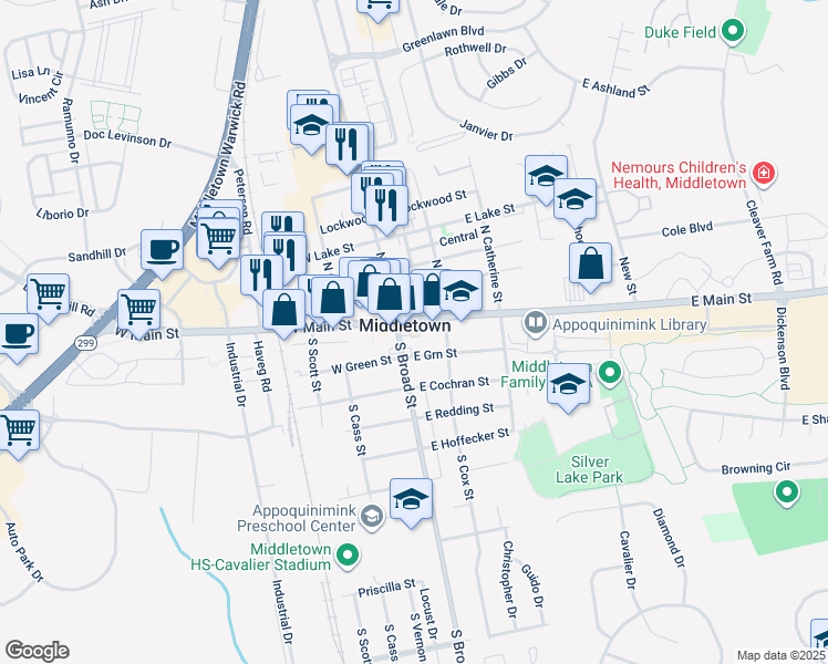 map of restaurants, bars, coffee shops, grocery stores, and more near 41 East Main Street in Middletown