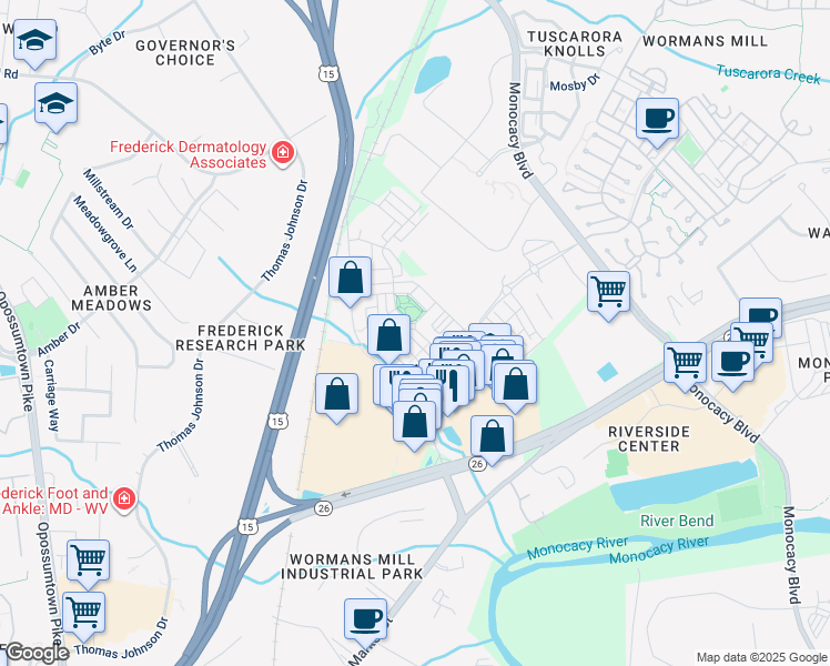 map of restaurants, bars, coffee shops, grocery stores, and more near 2629 Osprey Way North in Frederick