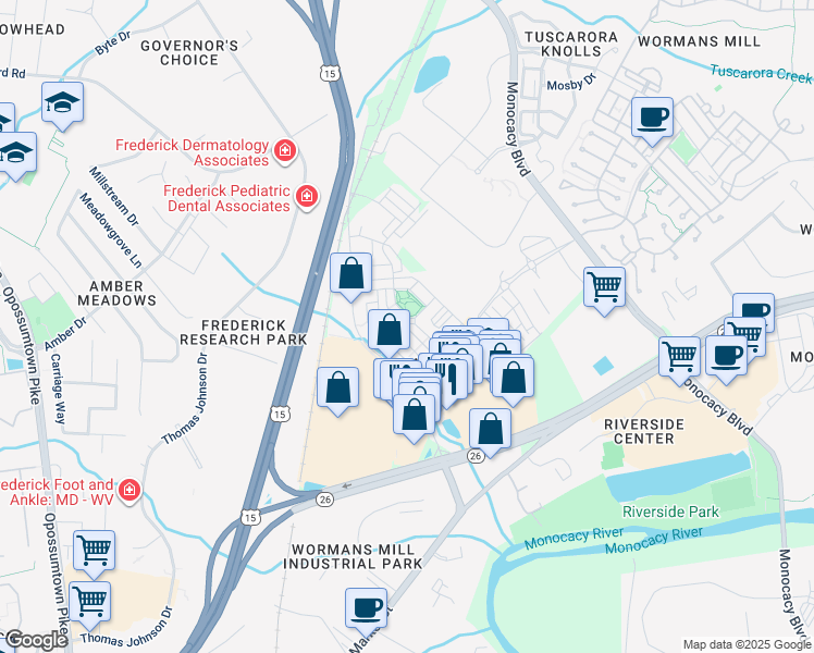 map of restaurants, bars, coffee shops, grocery stores, and more near Cormorant Place in Frederick