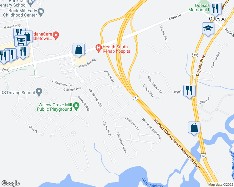 map of restaurants, bars, coffee shops, grocery stores, and more near 52 Springfield Circle in Middletown