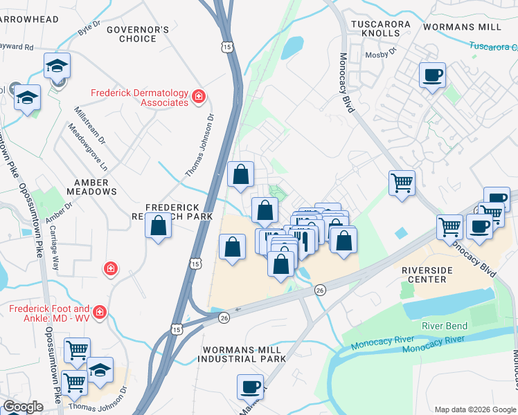 map of restaurants, bars, coffee shops, grocery stores, and more near 2717 Egret Way in Frederick