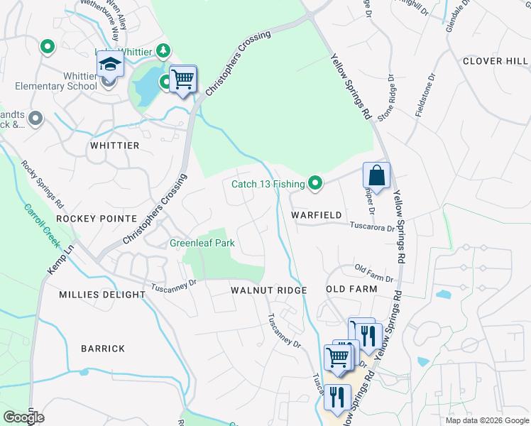 map of restaurants, bars, coffee shops, grocery stores, and more near Birch Bay Court in Frederick