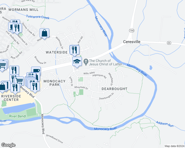 map of restaurants, bars, coffee shops, grocery stores, and more near 1657 Coopers Way in Frederick