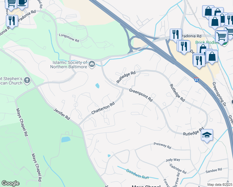 map of restaurants, bars, coffee shops, grocery stores, and more near 2 Elphin Court in Timonium