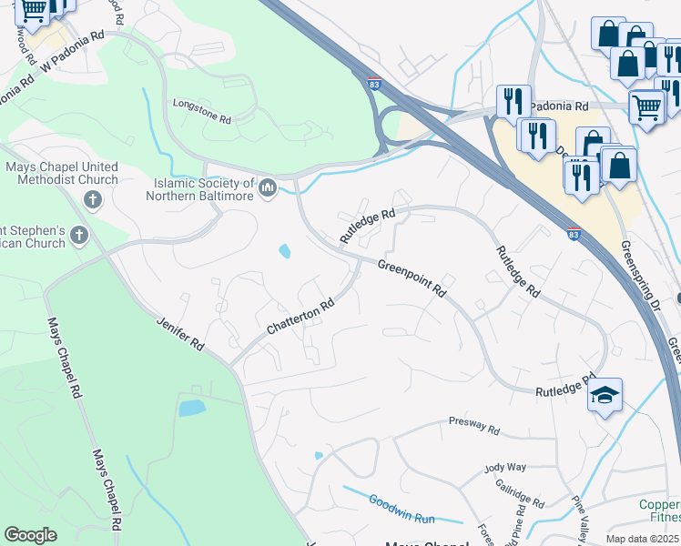map of restaurants, bars, coffee shops, grocery stores, and more near 2 Elphin Court in Timonium