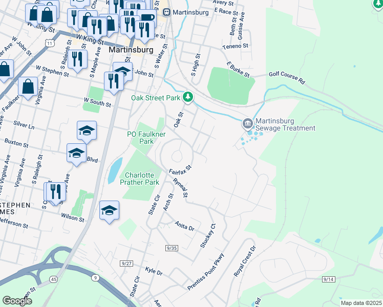 map of restaurants, bars, coffee shops, grocery stores, and more near 206 Fairfax Street in Martinsburg