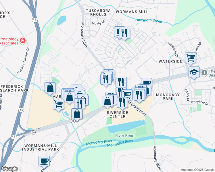 map of restaurants, bars, coffee shops, grocery stores, and more near 2421 Monocacy Boulevard in Frederick