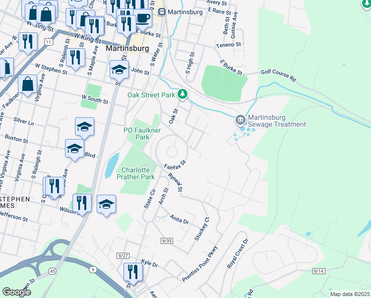 map of restaurants, bars, coffee shops, grocery stores, and more near 206 Fairfax Street in Martinsburg
