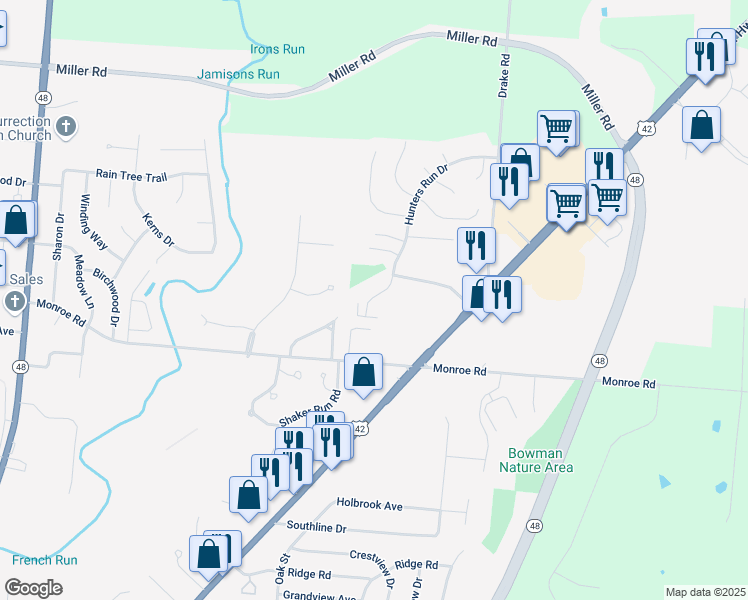map of restaurants, bars, coffee shops, grocery stores, and more near 1030 Hunters Run Drive in Lebanon