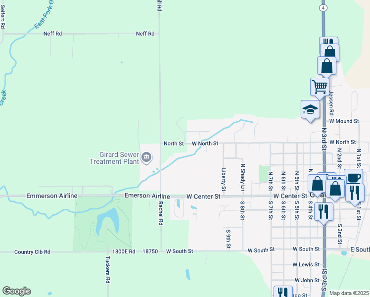 map of restaurants, bars, coffee shops, grocery stores, and more near 1025 West North Street in Girard