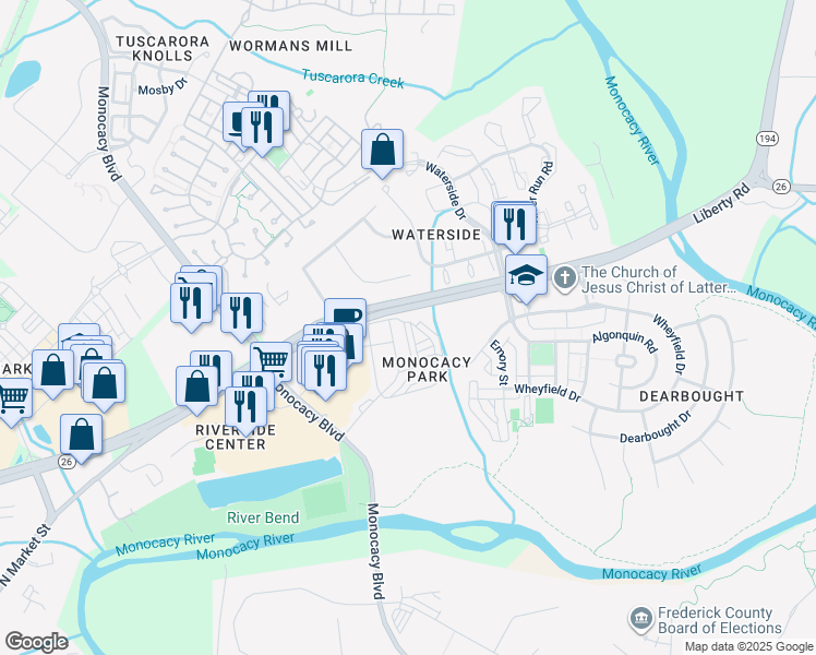 map of restaurants, bars, coffee shops, grocery stores, and more near 1547 Holland Park Lane in Frederick