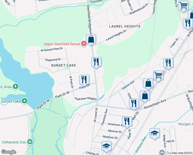 map of restaurants, bars, coffee shops, grocery stores, and more near 42 Old Deerfield Pike in Bridgeton