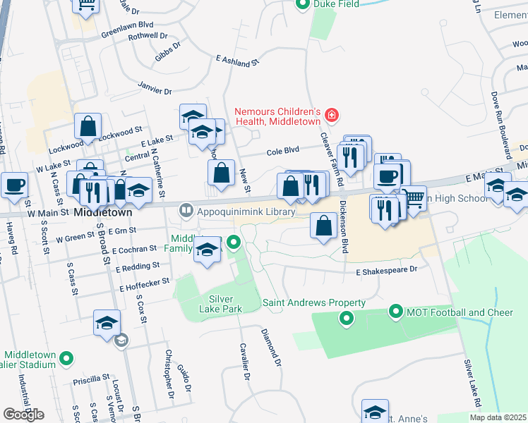 map of restaurants, bars, coffee shops, grocery stores, and more near 300 East Main Street in Middletown