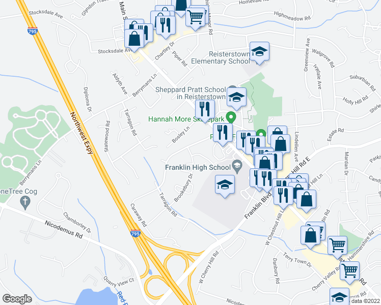 map of restaurants, bars, coffee shops, grocery stores, and more near 5 Brookebury Drive in Reisterstown
