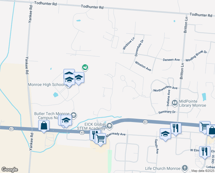 map of restaurants, bars, coffee shops, grocery stores, and more near 927 Heritage Green Drive in Monroe