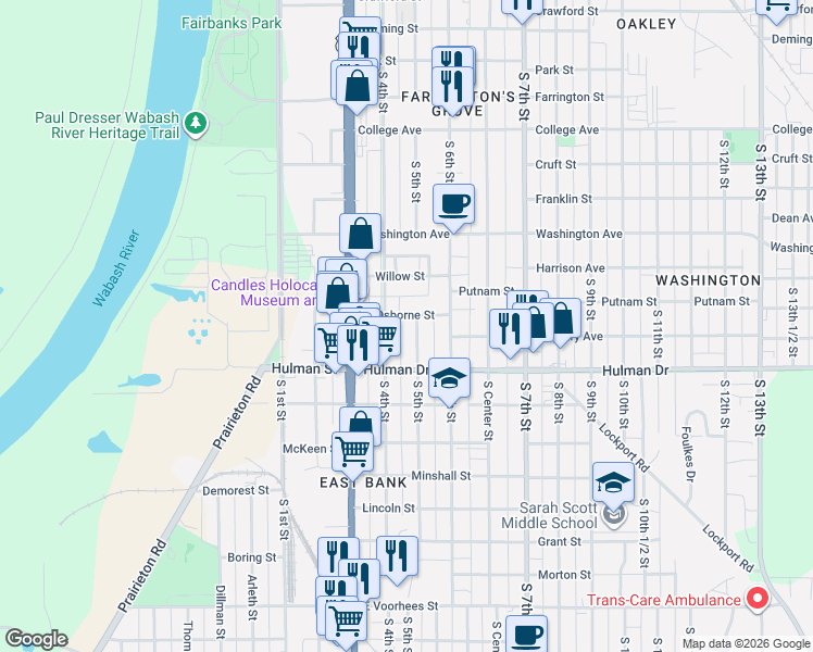 map of restaurants, bars, coffee shops, grocery stores, and more near 514 Osborne Street in Terre Haute
